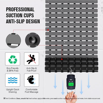 Bathtub Mat Non Slip, Shower Mat for Inside Shower, Suction Cups Design and Drain Holes, 27.5 X 15.7 Inch, Bathroom Essentials Safe, Easy to DIY Cut, Soft and Eco-Friendly Materials