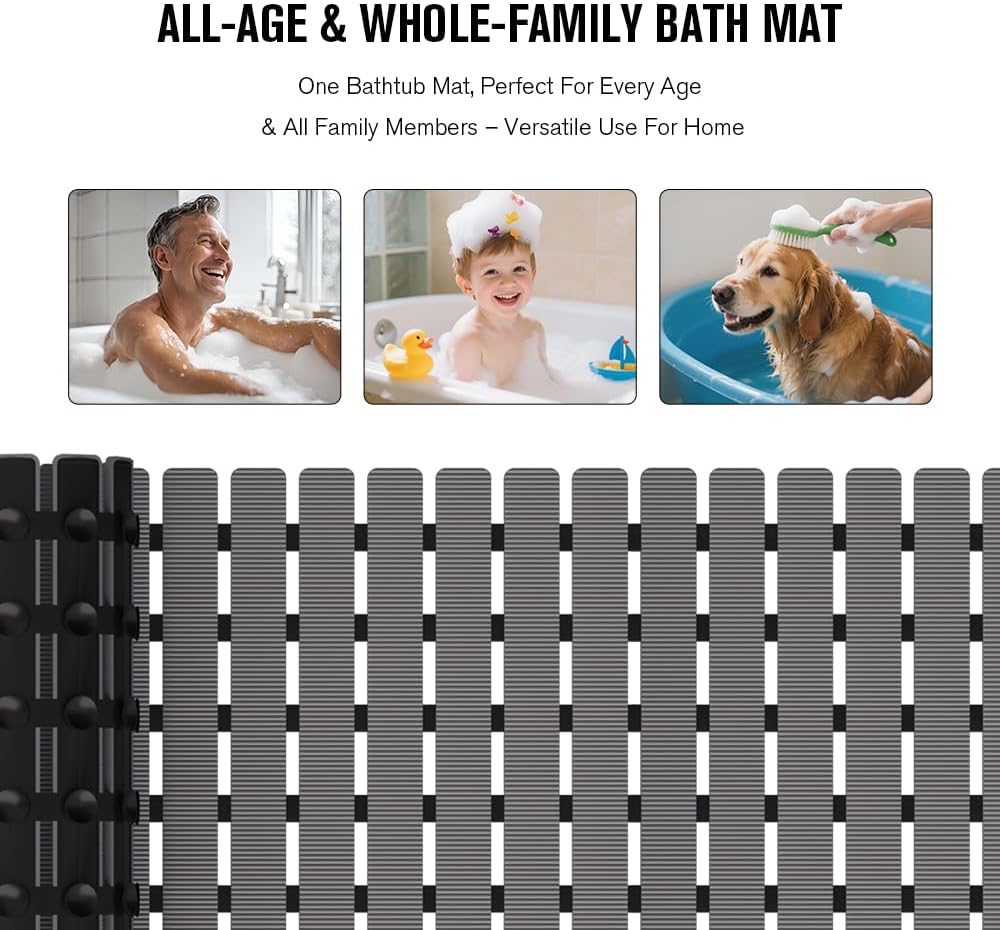Bathtub Mat Non Slip, Shower Mat for Inside Shower, Suction Cups Design and Drain Holes, 27.5 X 15.7 Inch, Bathroom Essentials Safe, Easy to DIY Cut, Soft and Eco-Friendly Materials