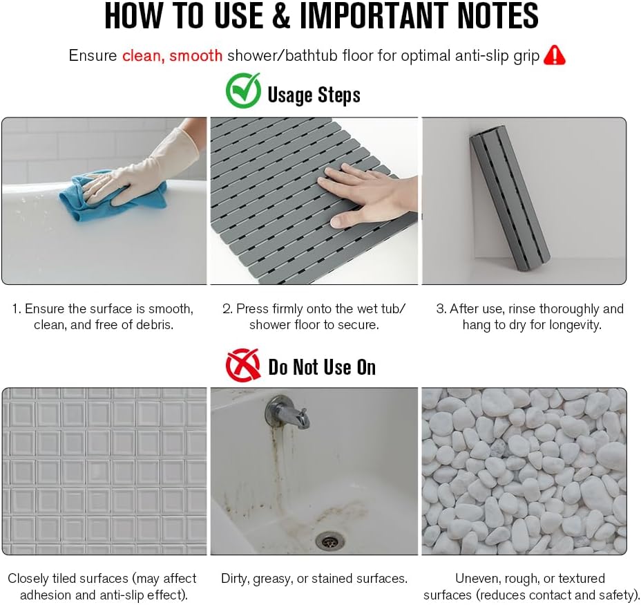 Bathtub Mat Non Slip, Shower Mat for Inside Shower, Suction Cups Design and Drain Holes, 27.5 X 15.7 Inch, Bathroom Essentials Safe, Easy to DIY Cut, Soft and Eco-Friendly Materials