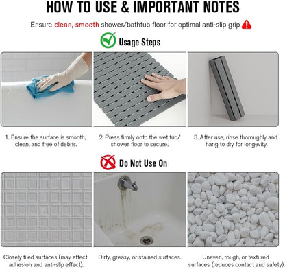 Bathtub Mat Non Slip, Shower Mat for Inside Shower, Suction Cups Design and Drain Holes, 27.5 X 15.7 Inch, Bathroom Essentials Safe, Easy to DIY Cut, Soft and Eco-Friendly Materials