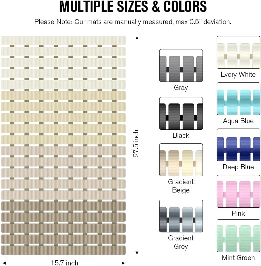 Bathtub Mat Non Slip, Shower Mat for Inside Shower, Suction Cups Design and Drain Holes, 27.5 X 15.7 Inch, Bathroom Essentials Safe, Easy to DIY Cut, Soft and Eco-Friendly Materials