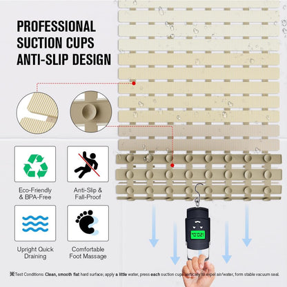 Bathtub Mat Non Slip, Shower Mat for Inside Shower, Suction Cups Design and Drain Holes, 27.5 X 15.7 Inch, Bathroom Essentials Safe, Easy to DIY Cut, Soft and Eco-Friendly Materials