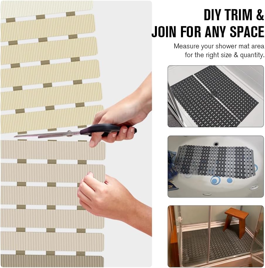 Bathtub Mat Non Slip, Shower Mat for Inside Shower, Suction Cups Design and Drain Holes, 27.5 X 15.7 Inch, Bathroom Essentials Safe, Easy to DIY Cut, Soft and Eco-Friendly Materials