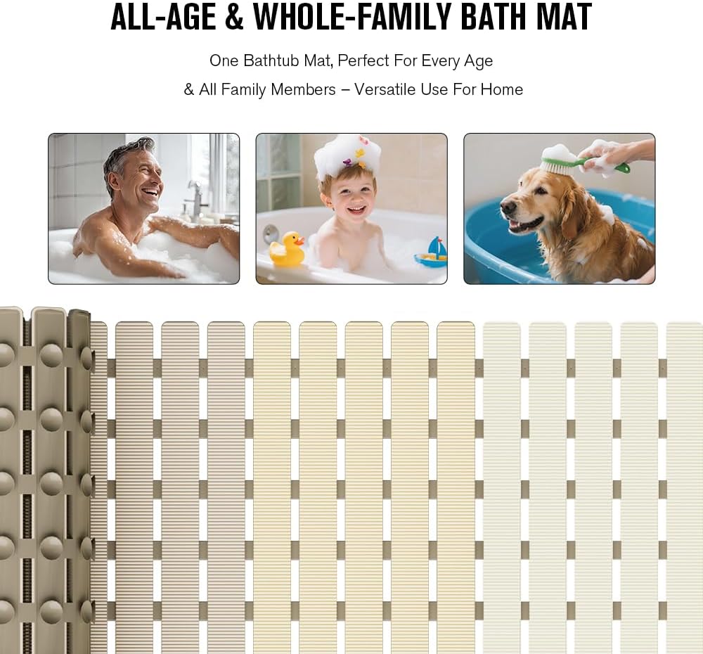 Bathtub Mat Non Slip, Shower Mat for Inside Shower, Suction Cups Design and Drain Holes, 27.5 X 15.7 Inch, Bathroom Essentials Safe, Easy to DIY Cut, Soft and Eco-Friendly Materials