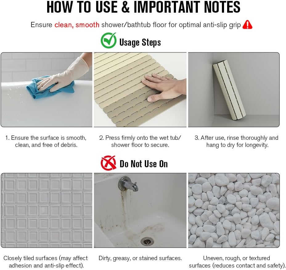 Bathtub Mat Non Slip, Shower Mat for Inside Shower, Suction Cups Design and Drain Holes, 27.5 X 15.7 Inch, Bathroom Essentials Safe, Easy to DIY Cut, Soft and Eco-Friendly Materials