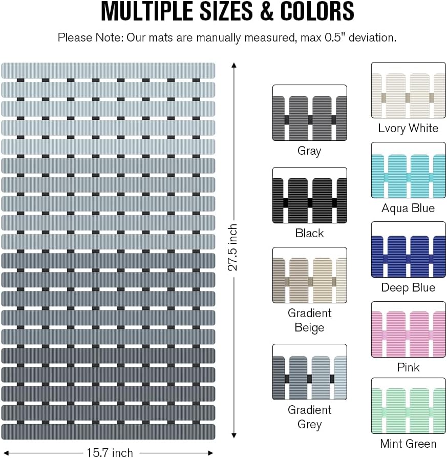 Bathtub Mat Non Slip, Shower Mat for Inside Shower, Suction Cups Design and Drain Holes, 27.5 X 15.7 Inch, Bathroom Essentials Safe, Easy to DIY Cut, Soft and Eco-Friendly Materials