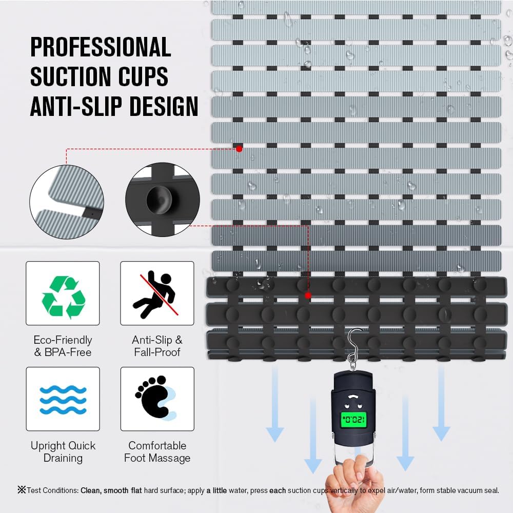 Bathtub Mat Non Slip, Shower Mat for Inside Shower, Suction Cups Design and Drain Holes, 27.5 X 15.7 Inch, Bathroom Essentials Safe, Easy to DIY Cut, Soft and Eco-Friendly Materials