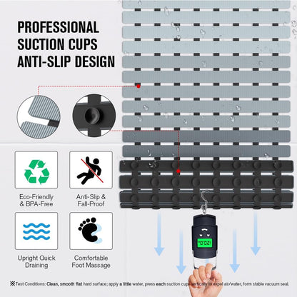 Bathtub Mat Non Slip, Shower Mat for Inside Shower, Suction Cups Design and Drain Holes, 27.5 X 15.7 Inch, Bathroom Essentials Safe, Easy to DIY Cut, Soft and Eco-Friendly Materials