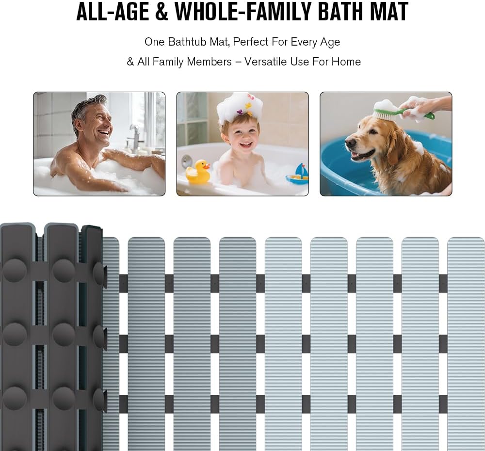 Bathtub Mat Non Slip, Shower Mat for Inside Shower, Suction Cups Design and Drain Holes, 27.5 X 15.7 Inch, Bathroom Essentials Safe, Easy to DIY Cut, Soft and Eco-Friendly Materials