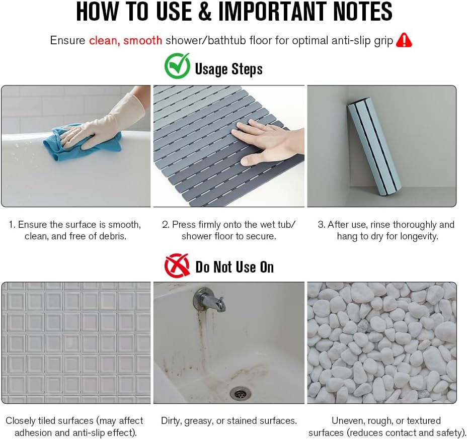 Bathtub Mat Non Slip, Shower Mat for Inside Shower, Suction Cups Design and Drain Holes, 27.5 X 15.7 Inch, Bathroom Essentials Safe, Easy to DIY Cut, Soft and Eco-Friendly Materials