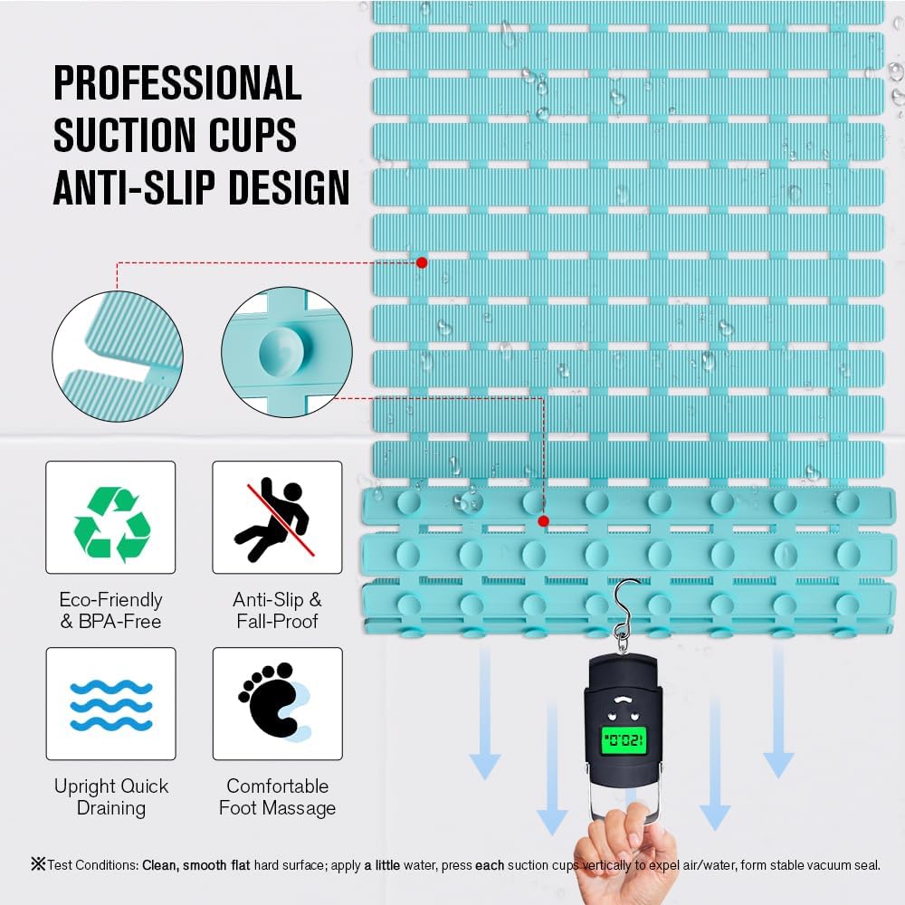 Bathtub Mat Non Slip, Shower Mat for Inside Shower, Suction Cups Design and Drain Holes, 27.5 X 15.7 Inch, Bathroom Essentials Safe, Easy to DIY Cut, Soft and Eco-Friendly Materials