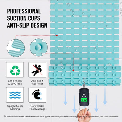 Bathtub Mat Non Slip, Shower Mat for Inside Shower, Suction Cups Design and Drain Holes, 27.5 X 15.7 Inch, Bathroom Essentials Safe, Easy to DIY Cut, Soft and Eco-Friendly Materials
