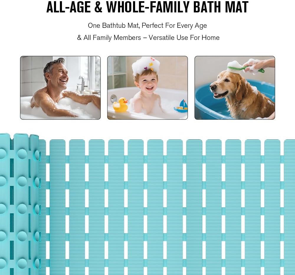 Bathtub Mat Non Slip, Shower Mat for Inside Shower, Suction Cups Design and Drain Holes, 27.5 X 15.7 Inch, Bathroom Essentials Safe, Easy to DIY Cut, Soft and Eco-Friendly Materials