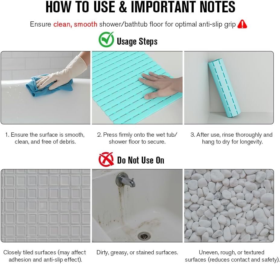 Bathtub Mat Non Slip, Shower Mat for Inside Shower, Suction Cups Design and Drain Holes, 27.5 X 15.7 Inch, Bathroom Essentials Safe, Easy to DIY Cut, Soft and Eco-Friendly Materials