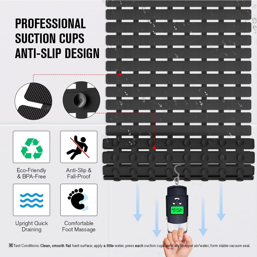 Bathtub Mat Non Slip, Shower Mat for Inside Shower, Suction Cups Design and Drain Holes, 27.5 X 15.7 Inch, Bathroom Essentials Safe, Easy to DIY Cut, Soft and Eco-Friendly Materials