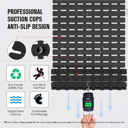 Bathtub Mat Non Slip, Shower Mat for Inside Shower, Suction Cups Design and Drain Holes, 27.5 X 15.7 Inch, Bathroom Essentials Safe, Easy to DIY Cut, Soft and Eco-Friendly Materials