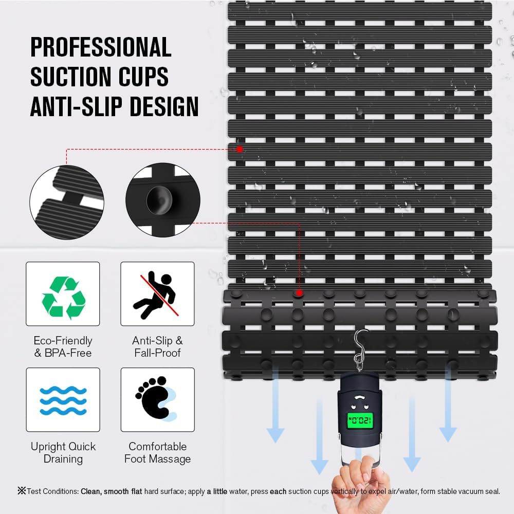 Bathtub Mat Non Slip, Shower Mat for Inside Shower, Suction Cups Design and Drain Holes, 27.5 X 15.7 Inch, Bathroom Essentials Safe, Easy to DIY Cut, Soft and Eco-Friendly Materials