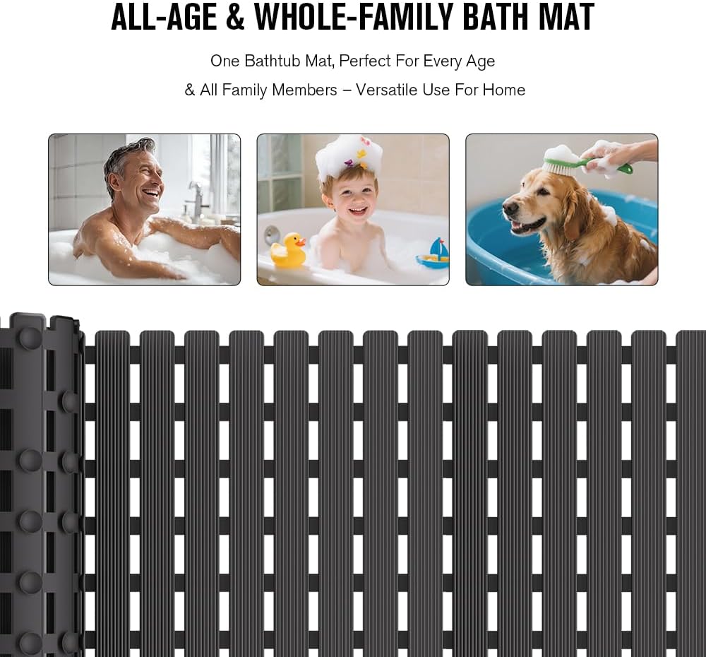 Bathtub Mat Non Slip, Shower Mat for Inside Shower, Suction Cups Design and Drain Holes, 27.5 X 15.7 Inch, Bathroom Essentials Safe, Easy to DIY Cut, Soft and Eco-Friendly Materials