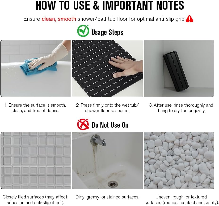 Bathtub Mat Non Slip, Shower Mat for Inside Shower, Suction Cups Design and Drain Holes, 27.5 X 15.7 Inch, Bathroom Essentials Safe, Easy to DIY Cut, Soft and Eco-Friendly Materials