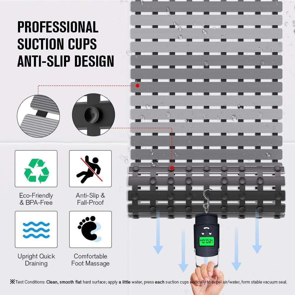 Bathtub Mat Non Slip, Shower Mat for Inside Shower, Suction Cups Design and Drain Holes, 27.5 X 15.7 Inch, Bathroom Essentials Safe, Easy to DIY Cut, Soft and Eco-Friendly Materials