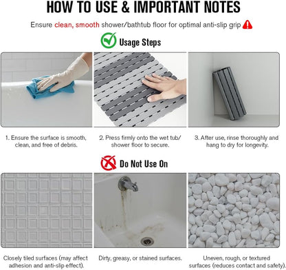 Bathtub Mat Non Slip, Shower Mat for Inside Shower, Suction Cups Design and Drain Holes, 27.5 X 15.7 Inch, Bathroom Essentials Safe, Easy to DIY Cut, Soft and Eco-Friendly Materials