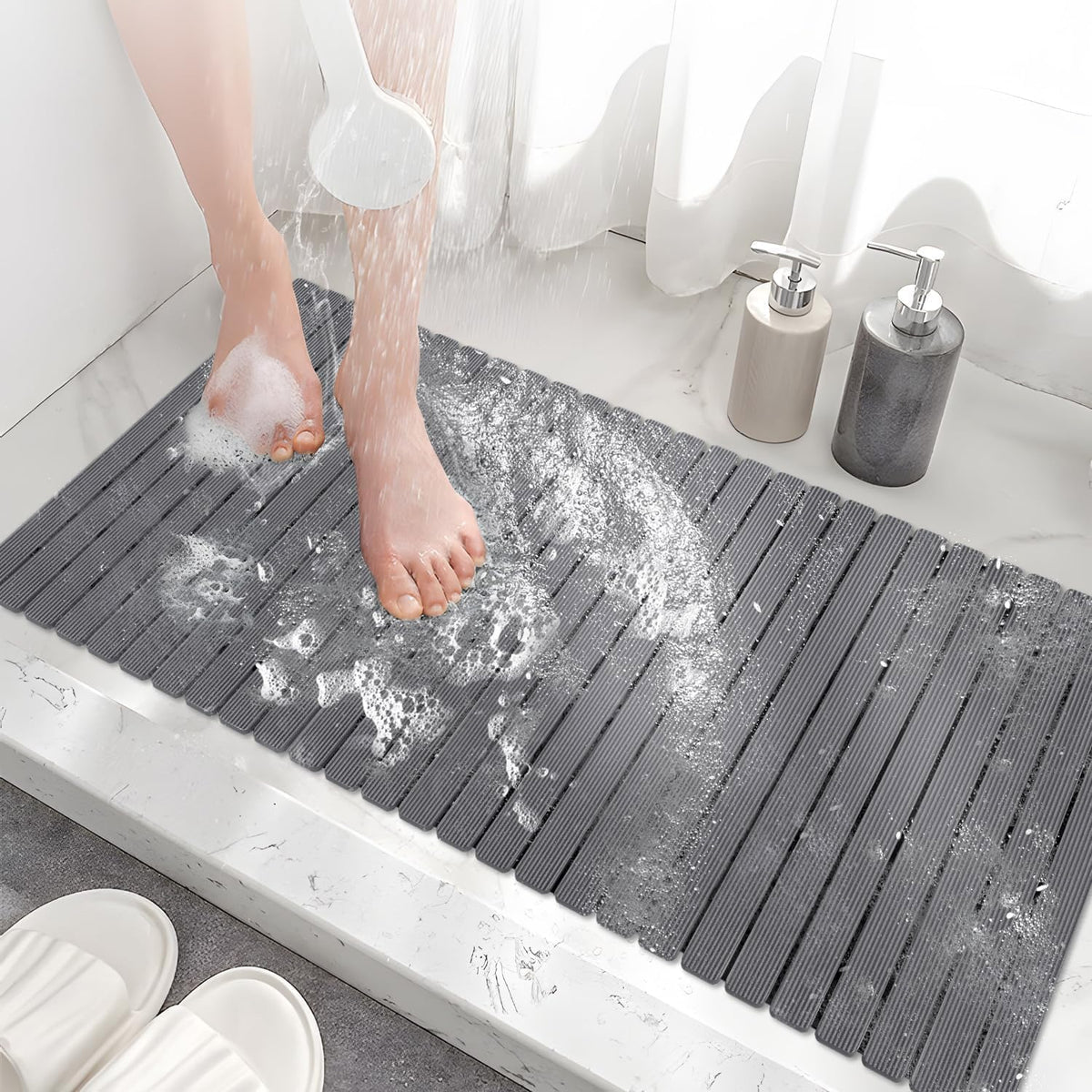 Bathtub Mat Non Slip, Shower Mat for Inside Shower, Suction Cups Design and Drain Holes, 27.5 X 15.7 Inch, Bathroom Essentials Safe, Easy to DIY Cut, Soft and Eco-Friendly Materials