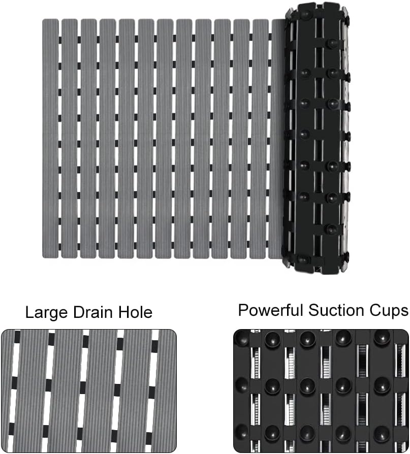Bathtub Mat Non Slip, Shower Mat for Inside Shower, Suction Cups Design and Drain Holes, 27.5 X 15.7 Inch, Bathroom Essentials Safe, Easy to DIY Cut, Soft and Eco-Friendly Materials