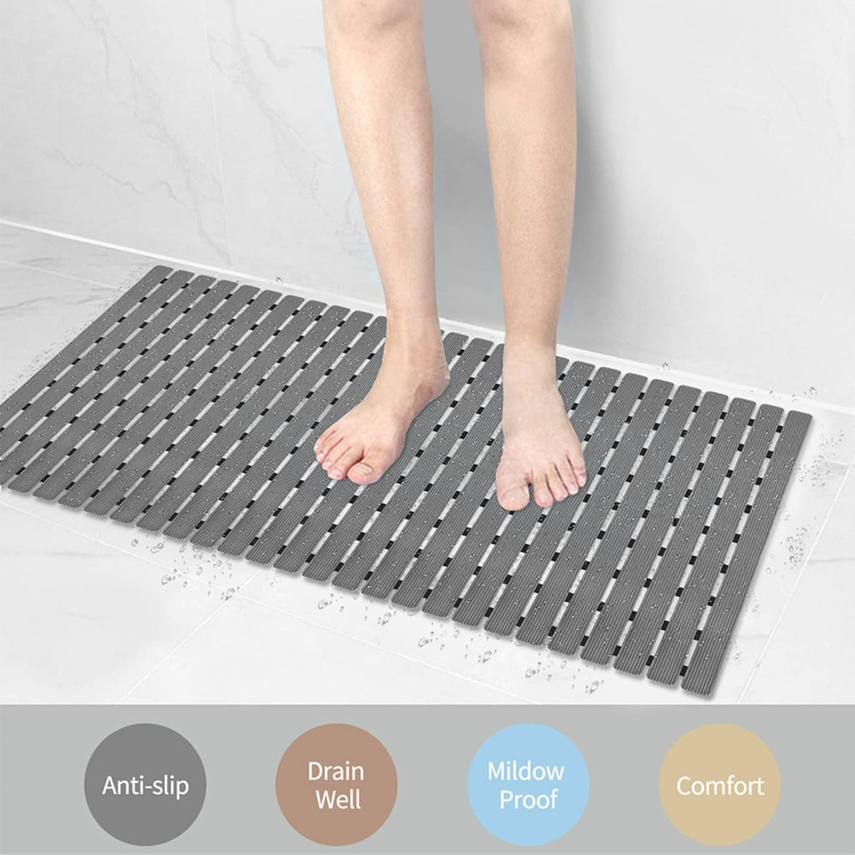 Bathtub Mat Non Slip, Shower Mat for Inside Shower, Suction Cups Design and Drain Holes, 27.5 X 15.7 Inch, Bathroom Essentials Safe, Easy to DIY Cut, Soft and Eco-Friendly Materials