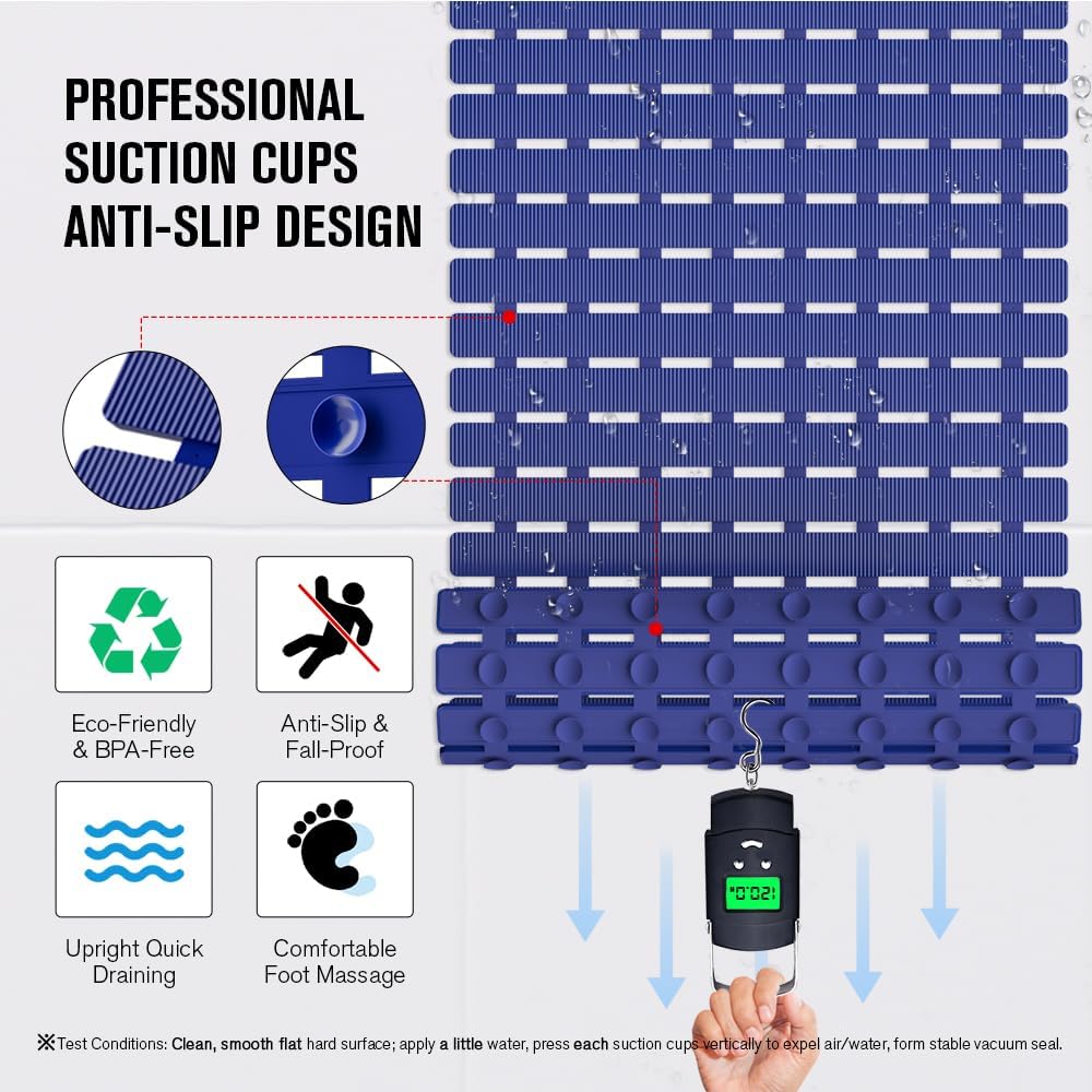 Bathtub Mat Non Slip, Shower Mat for Inside Shower, Suction Cups Design and Drain Holes, 27.5 X 15.7 Inch, Bathroom Essentials Safe, Easy to DIY Cut, Soft and Eco-Friendly Materials