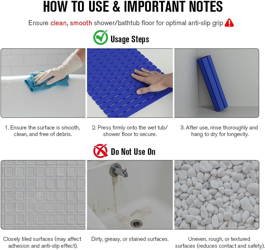 Bathtub Mat Non Slip, Shower Mat for Inside Shower, Suction Cups Design and Drain Holes, 27.5 X 15.7 Inch, Bathroom Essentials Safe, Easy to DIY Cut, Soft and Eco-Friendly Materials