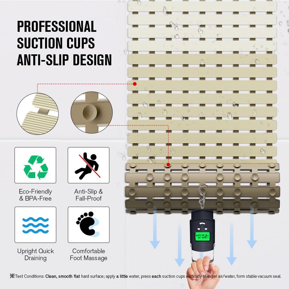 Bathtub Mat Non Slip, Shower Mat for Inside Shower, Suction Cups Design and Drain Holes, 27.5 X 15.7 Inch, Bathroom Essentials Safe, Easy to DIY Cut, Soft and Eco-Friendly Materials