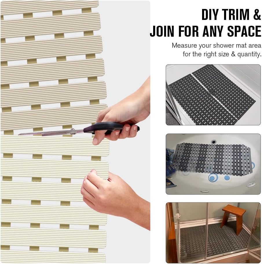Bathtub Mat Non Slip, Shower Mat for Inside Shower, Suction Cups Design and Drain Holes, 27.5 X 15.7 Inch, Bathroom Essentials Safe, Easy to DIY Cut, Soft and Eco-Friendly Materials