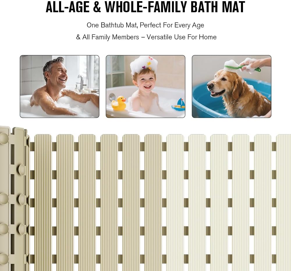 Bathtub Mat Non Slip, Shower Mat for Inside Shower, Suction Cups Design and Drain Holes, 27.5 X 15.7 Inch, Bathroom Essentials Safe, Easy to DIY Cut, Soft and Eco-Friendly Materials