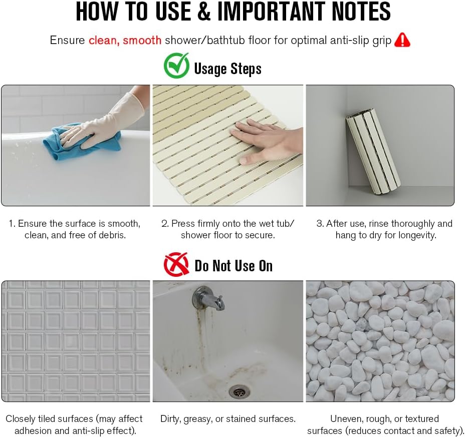 Bathtub Mat Non Slip, Shower Mat for Inside Shower, Suction Cups Design and Drain Holes, 27.5 X 15.7 Inch, Bathroom Essentials Safe, Easy to DIY Cut, Soft and Eco-Friendly Materials