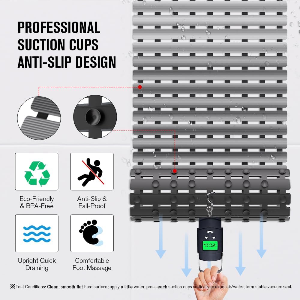 Bathtub Mat Non Slip, Shower Mat for Inside Shower, Suction Cups Design and Drain Holes, 27.5 X 15.7 Inch, Bathroom Essentials Safe, Easy to DIY Cut, Soft and Eco-Friendly Materials