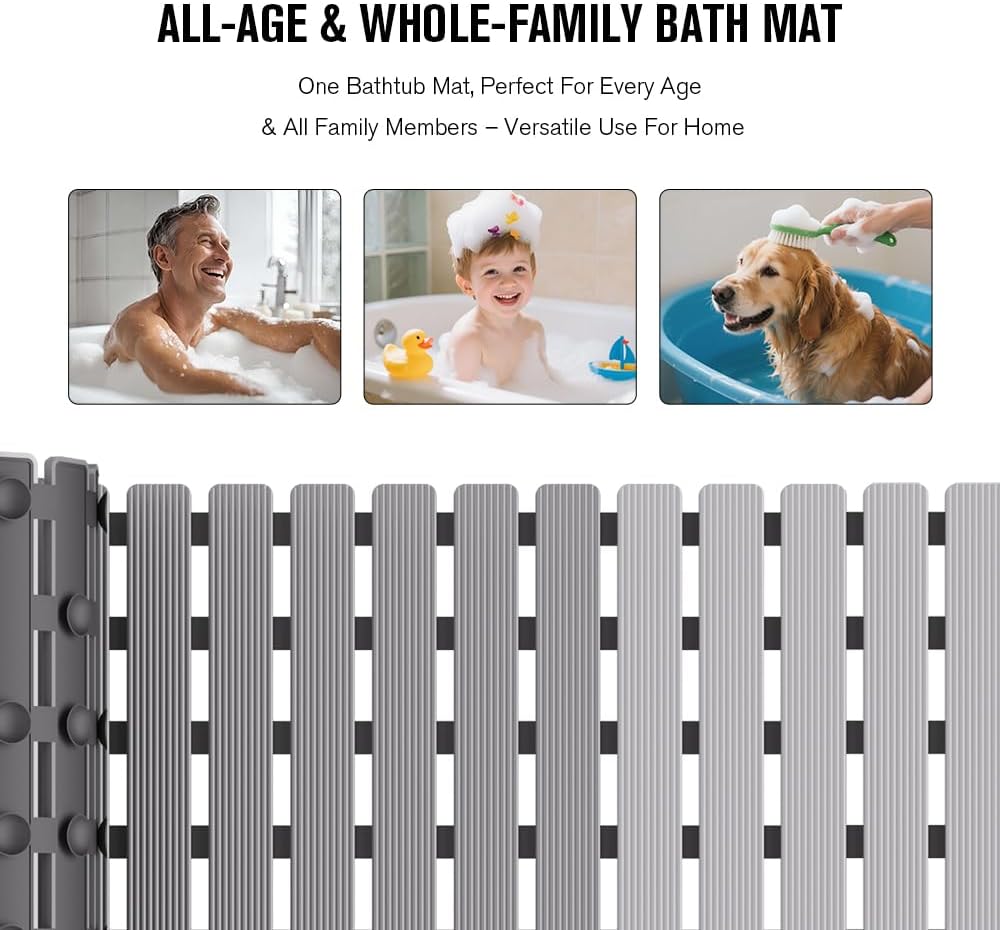 Bathtub Mat Non Slip, Shower Mat for Inside Shower, Suction Cups Design and Drain Holes, 27.5 X 15.7 Inch, Bathroom Essentials Safe, Easy to DIY Cut, Soft and Eco-Friendly Materials