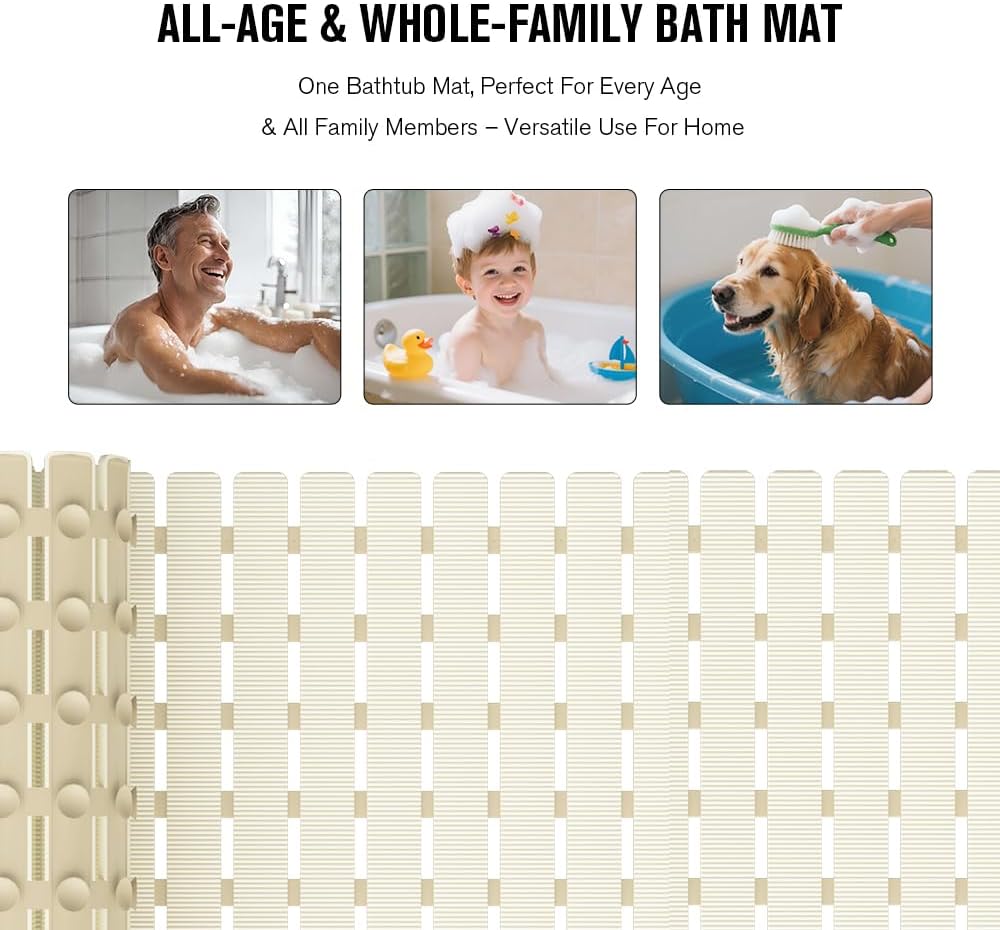 Bathtub Mat Non Slip, Shower Mat for Inside Shower, Suction Cups Design and Drain Holes, 27.5 X 15.7 Inch, Bathroom Essentials Safe, Easy to DIY Cut, Soft and Eco-Friendly Materials