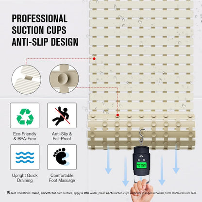 Bathtub Mat Non Slip, Shower Mat for Inside Shower, Suction Cups Design and Drain Holes, 27.5 X 15.7 Inch, Bathroom Essentials Safe, Easy to DIY Cut, Soft and Eco-Friendly Materials