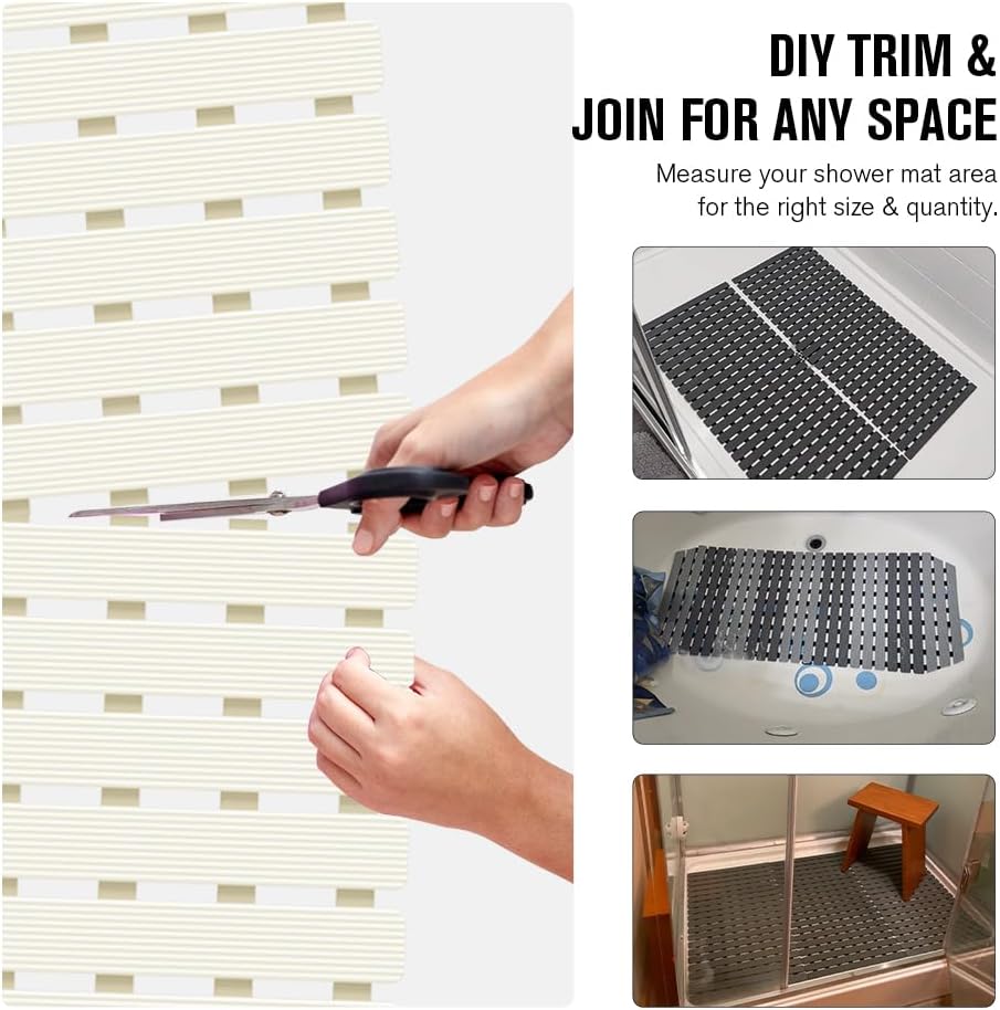 Bathtub Mat Non Slip, Shower Mat for Inside Shower, Suction Cups Design and Drain Holes, 27.5 X 15.7 Inch, Bathroom Essentials Safe, Easy to DIY Cut, Soft and Eco-Friendly Materials