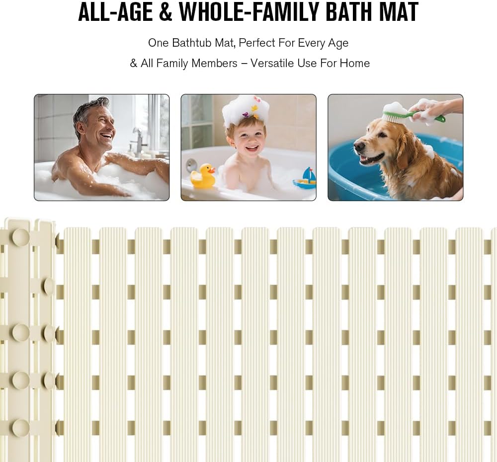 Bathtub Mat Non Slip, Shower Mat for Inside Shower, Suction Cups Design and Drain Holes, 27.5 X 15.7 Inch, Bathroom Essentials Safe, Easy to DIY Cut, Soft and Eco-Friendly Materials