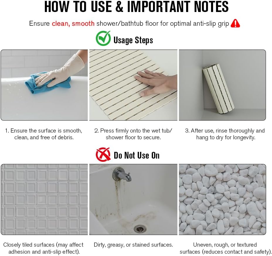 Bathtub Mat Non Slip, Shower Mat for Inside Shower, Suction Cups Design and Drain Holes, 27.5 X 15.7 Inch, Bathroom Essentials Safe, Easy to DIY Cut, Soft and Eco-Friendly Materials