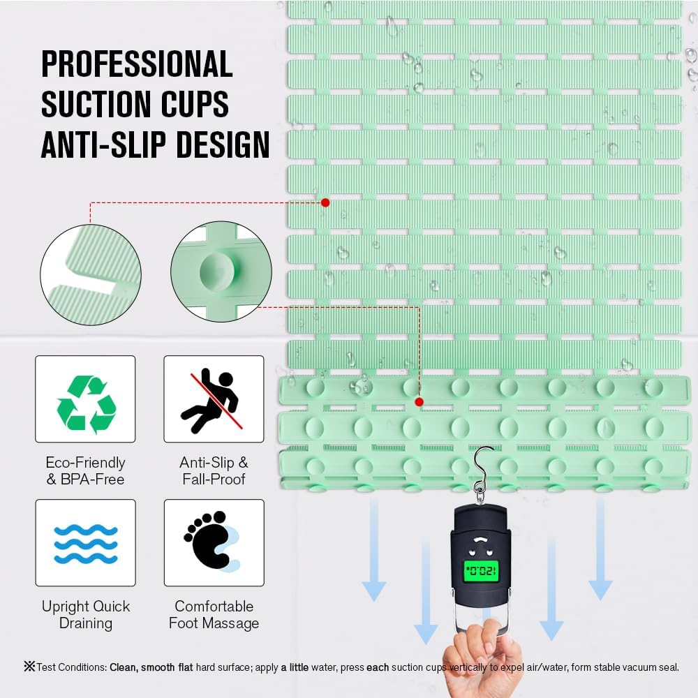 Bathtub Mat Non Slip, Shower Mat for Inside Shower, Suction Cups Design and Drain Holes, 27.5 X 15.7 Inch, Bathroom Essentials Safe, Easy to DIY Cut, Soft and Eco-Friendly Materials