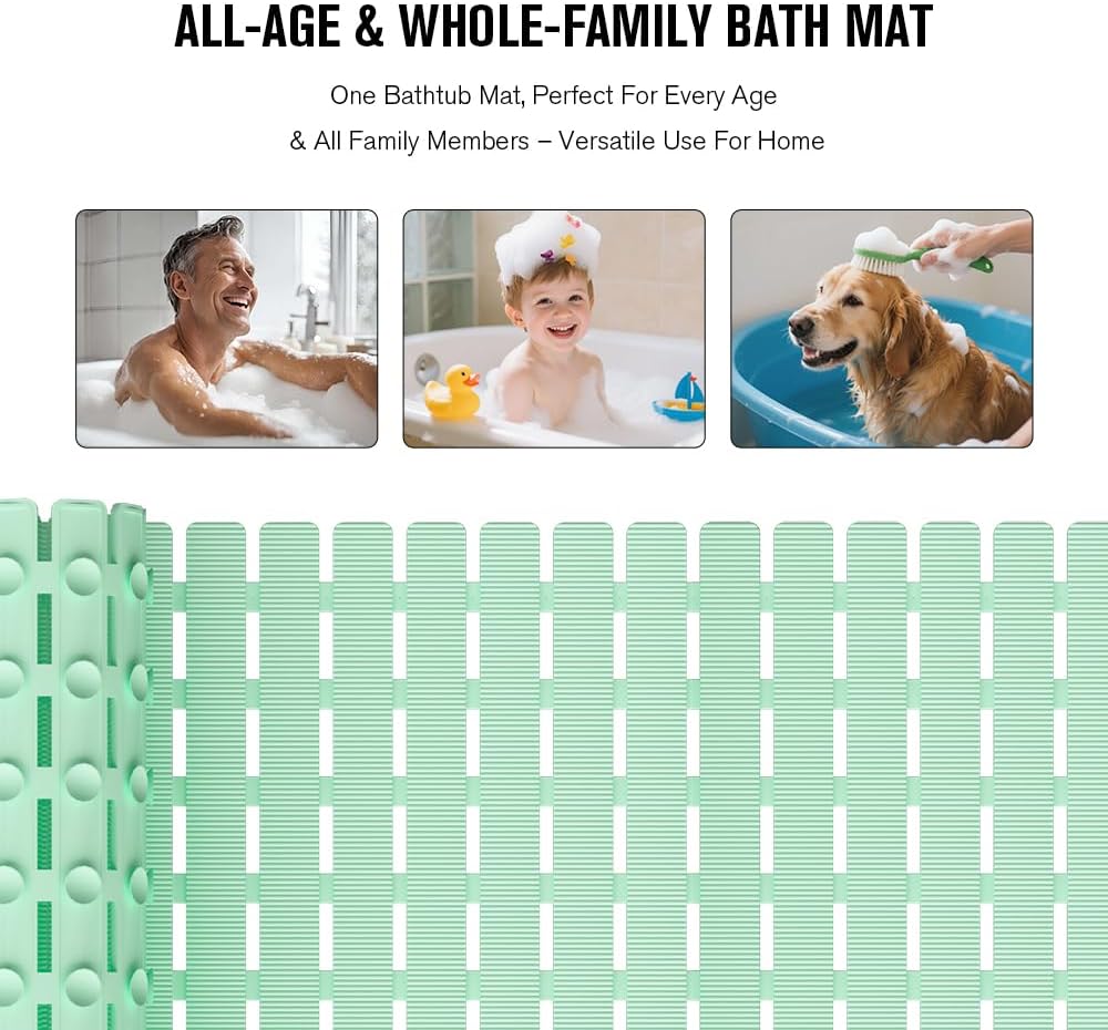 Bathtub Mat Non Slip, Shower Mat for Inside Shower, Suction Cups Design and Drain Holes, 27.5 X 15.7 Inch, Bathroom Essentials Safe, Easy to DIY Cut, Soft and Eco-Friendly Materials
