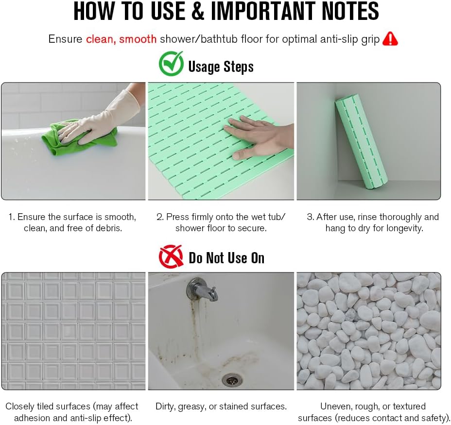 Bathtub Mat Non Slip, Shower Mat for Inside Shower, Suction Cups Design and Drain Holes, 27.5 X 15.7 Inch, Bathroom Essentials Safe, Easy to DIY Cut, Soft and Eco-Friendly Materials