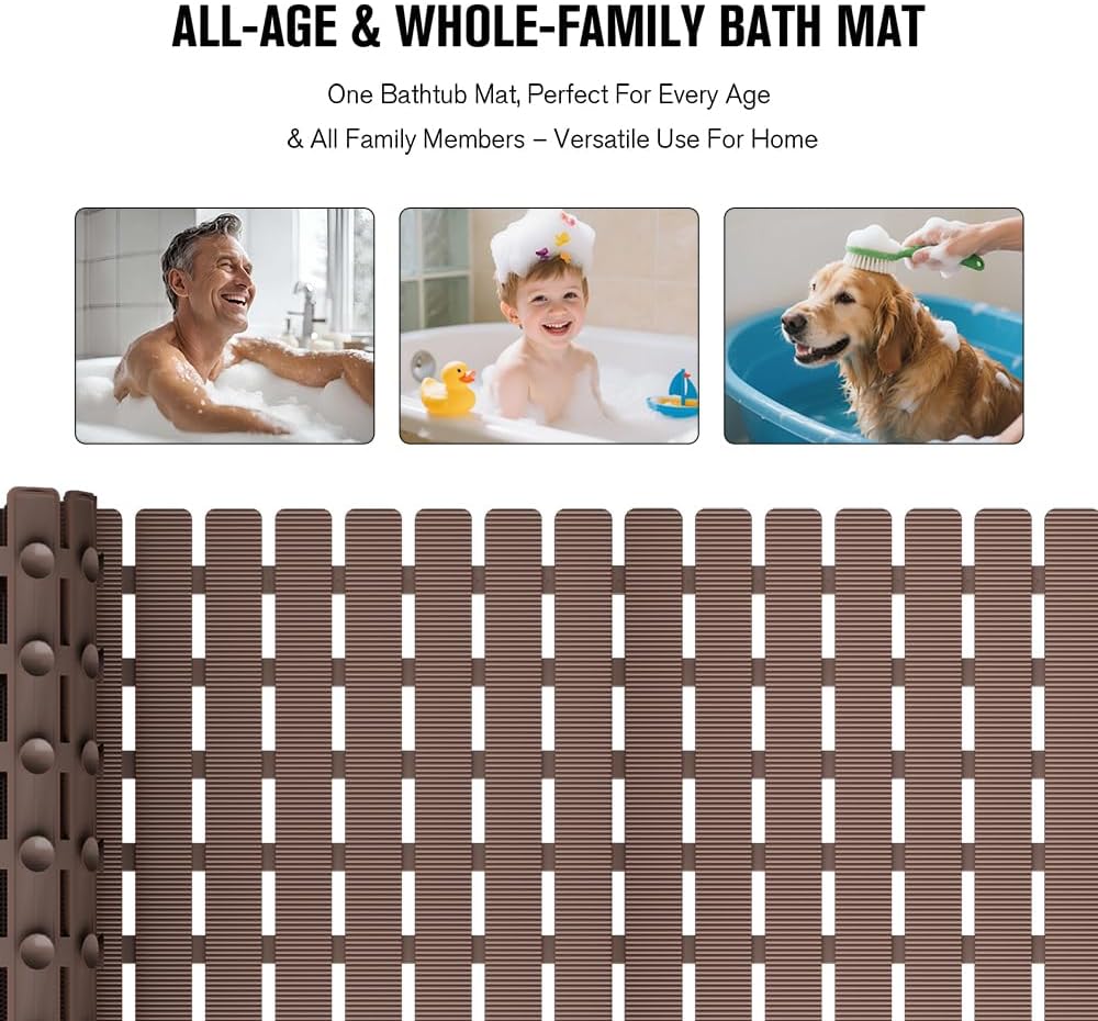 Bathtub Mat Non Slip, Shower Mat for Inside Shower, Suction Cups Design and Drain Holes, 27.5 X 15.7 Inch, Bathroom Essentials Safe, Easy to DIY Cut, Soft and Eco-Friendly Materials