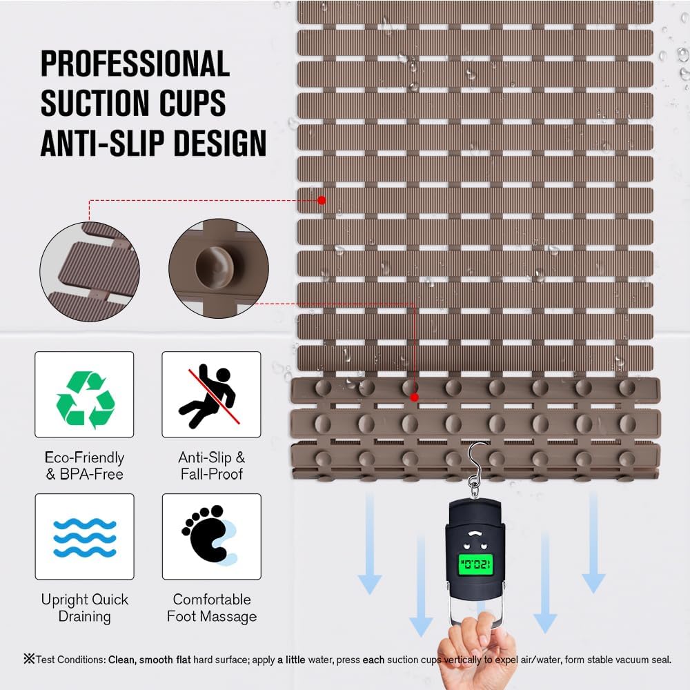Bathtub Mat Non Slip, Shower Mat for Inside Shower, Suction Cups Design and Drain Holes, 27.5 X 15.7 Inch, Bathroom Essentials Safe, Easy to DIY Cut, Soft and Eco-Friendly Materials