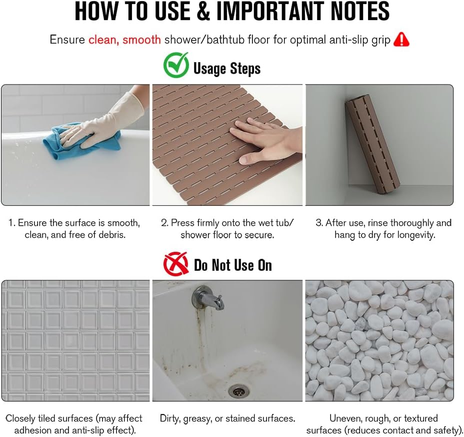 Bathtub Mat Non Slip, Shower Mat for Inside Shower, Suction Cups Design and Drain Holes, 27.5 X 15.7 Inch, Bathroom Essentials Safe, Easy to DIY Cut, Soft and Eco-Friendly Materials