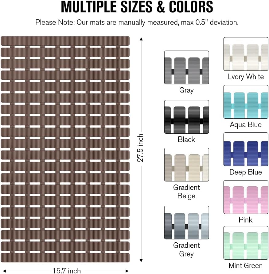 Bathtub Mat Non Slip, Shower Mat for Inside Shower, Suction Cups Design and Drain Holes, 27.5 X 15.7 Inch, Bathroom Essentials Safe, Easy to DIY Cut, Soft and Eco-Friendly Materials