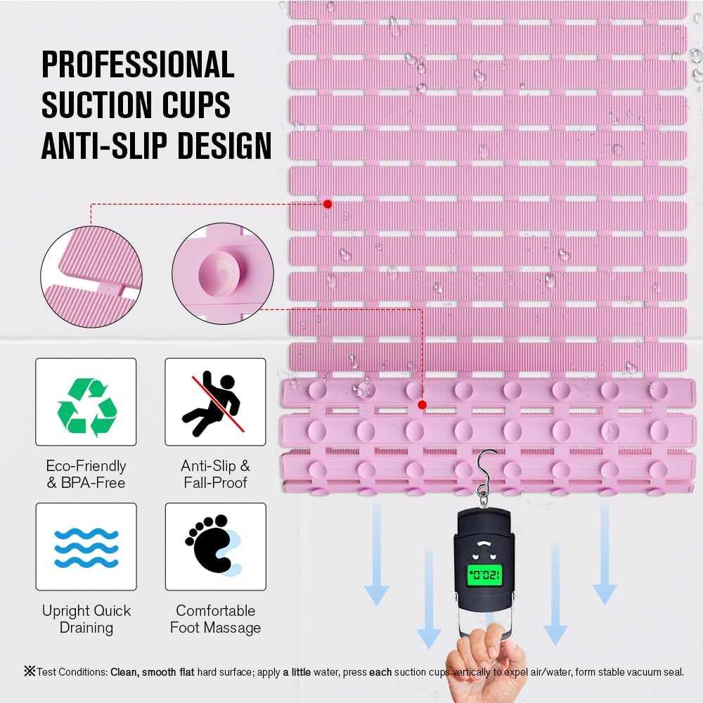 Bathtub Mat Non Slip, Shower Mat for Inside Shower, Suction Cups Design and Drain Holes, 27.5 X 15.7 Inch, Bathroom Essentials Safe, Easy to DIY Cut, Soft and Eco-Friendly Materials