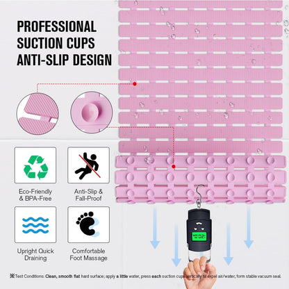 Bathtub Mat Non Slip, Shower Mat for Inside Shower, Suction Cups Design and Drain Holes, 27.5 X 15.7 Inch, Bathroom Essentials Safe, Easy to DIY Cut, Soft and Eco-Friendly Materials